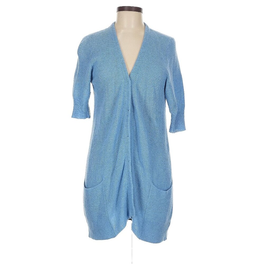 Eileen Fisher short sleeve blue long cardigan button wool viscose cashmere P MED